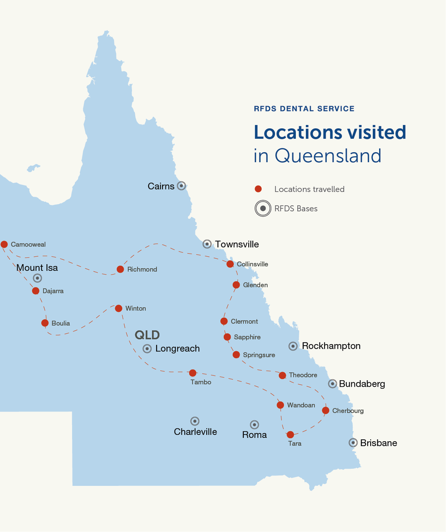 A map of Queensland with red lines pointing to the locations the Dental Truck visits.