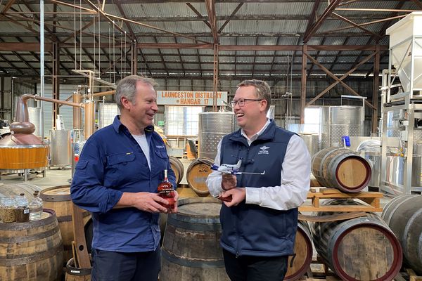RFDS Tasmania's Corey Martin with Chris Condon of the Launceston Distillery