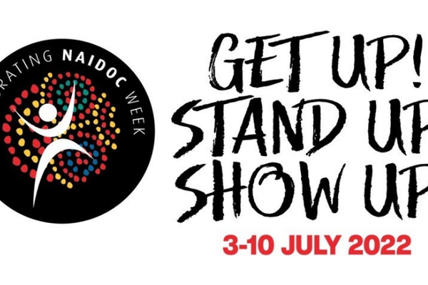 A bright red, yellow, blue and green dot art NAIDOC logo is on the left. Text reads Get up! Stand up! Show up! 3-10 July 2022.