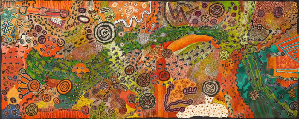 Sammy Tunkin, Pitjantjatjara people, South Australia, born Port Augusta, South Australia 1998, Imitjala Pollard, Pitjantjatjara people, South Australia born Mparntwe (Alice Springs), Northern Territory 1963, Casseyanne Woods, Pitjantjatjara people, South Australia, born Mparntwe (Alice Springs), Northern Territory 1996, Janice Woods, Pitjantjatjara people, South Australia, born Kalka, South Australia 1988, Venita Woods, Pitjantjatjara people, South Australia, born Kaltukatjara (Docker River), Northern Territory 1990, Elaine Woods, Pitjantjatjara people, South Australia, born Kaltukatjara (Docker River), Northern Territory 1969, Sophia Tunkin, Pitjantjatjara people, South Australia, born Mparntwe (Alice Springs), South Australia 2000, Teresa Baker, Pitjantjatjara people, South Australia, born Mparntwe (Alice Springs), Northern Territory 1977, Kaye Baker, Pitjantjatjara people, South Australia born Pukatja (Ernabella), South Australia 1955, Beryl Jimmy, Pitjantjatjara people, South Australia, born Fregon, South Australia 1970, Kani Patricia Tunkin, Pitjantjatjara people, South Australia, born Mparntwe (Alice Springs), Northern Territory 1981, Marita Baker, Pitjantjatjara people, South Australia born Fregon, South Australia 1968, Kalaya Tjukurrpa, 2020, Nyapari, South Australia synthetic paint on linen, 200.0 x 500.0 cm © the artists/Tjungu Palya