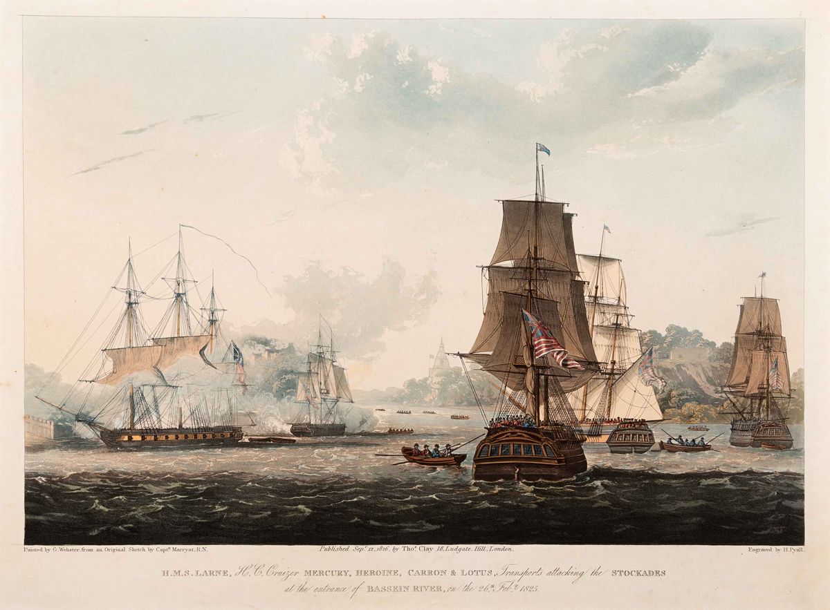 Image of HMS Larne attacking the Stockade at the entrance of the Bassein River