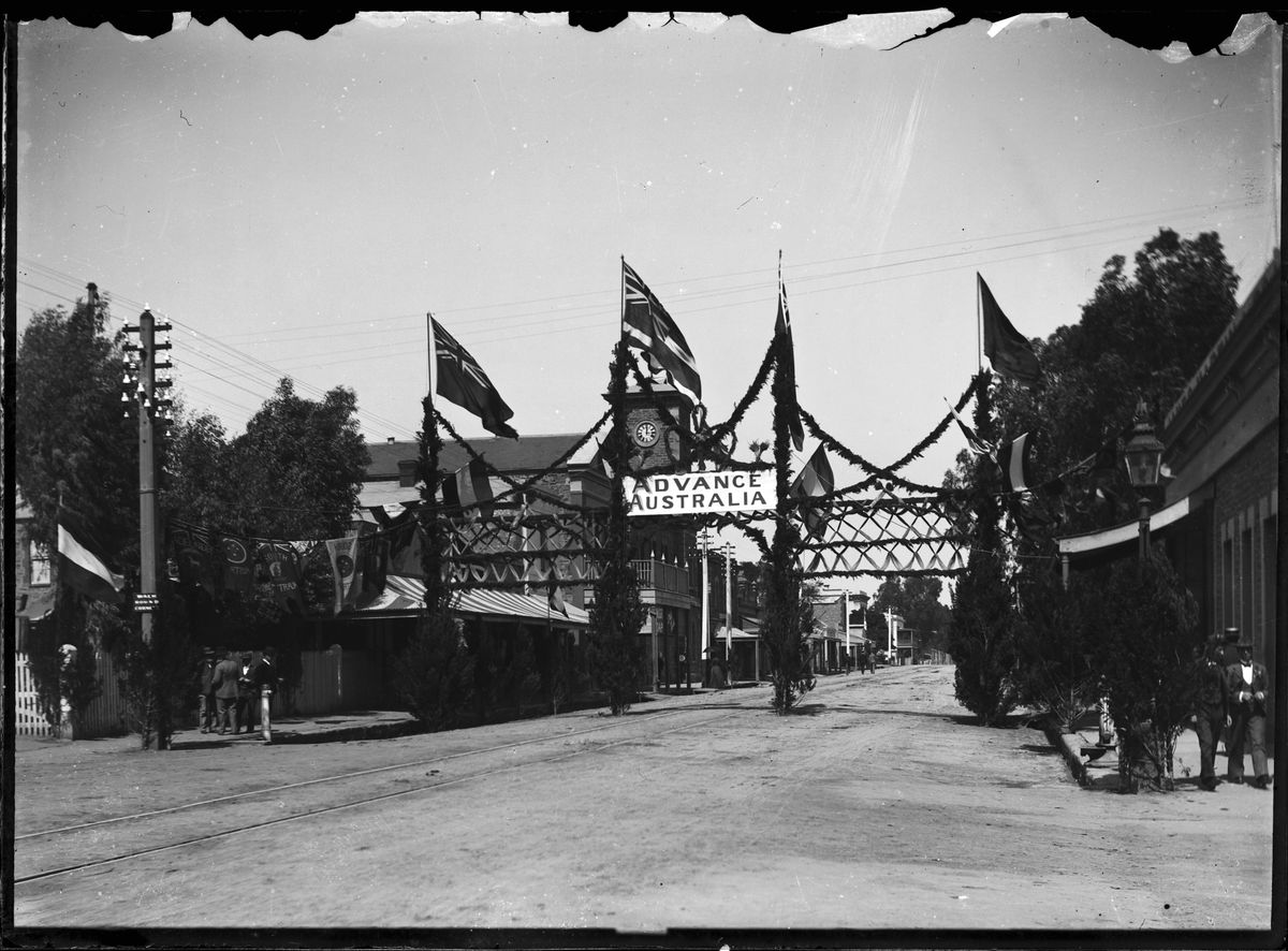 Street Decorated With Garlands Flags And Advance Australia