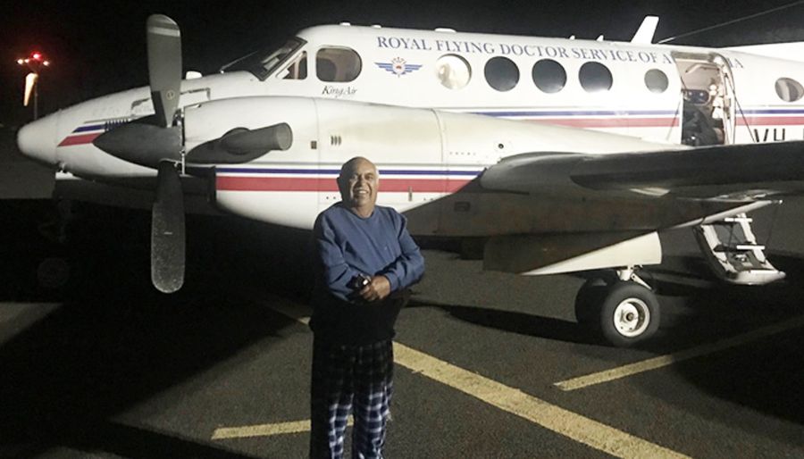 Patient Mervyn Bishop in front plane