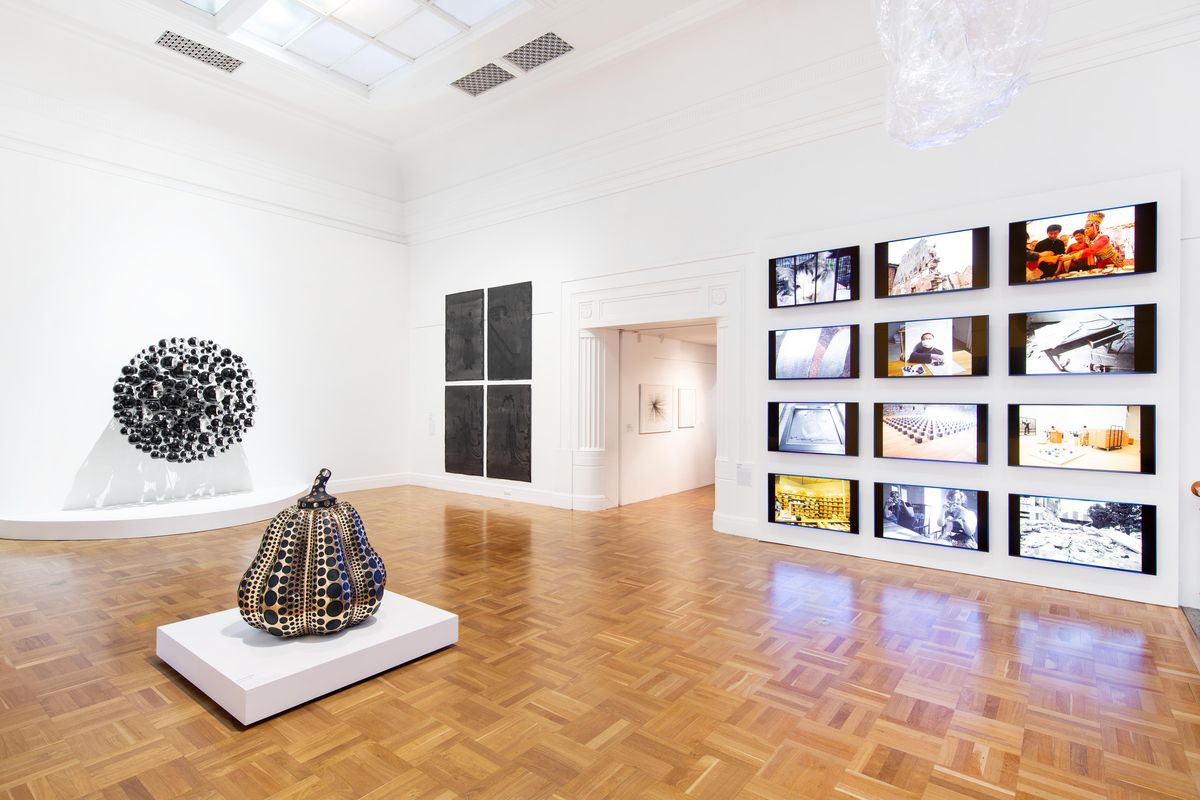 installation view: True Self, 2021, featuring Olafur Eliasson, Dark matter collective, Yayoi Kusama, Pumpkin, works from Lindy Lee’s True Chi’en series and Ai Weiwei 258 Fake, Art Gallery of South Australia, Adelaide