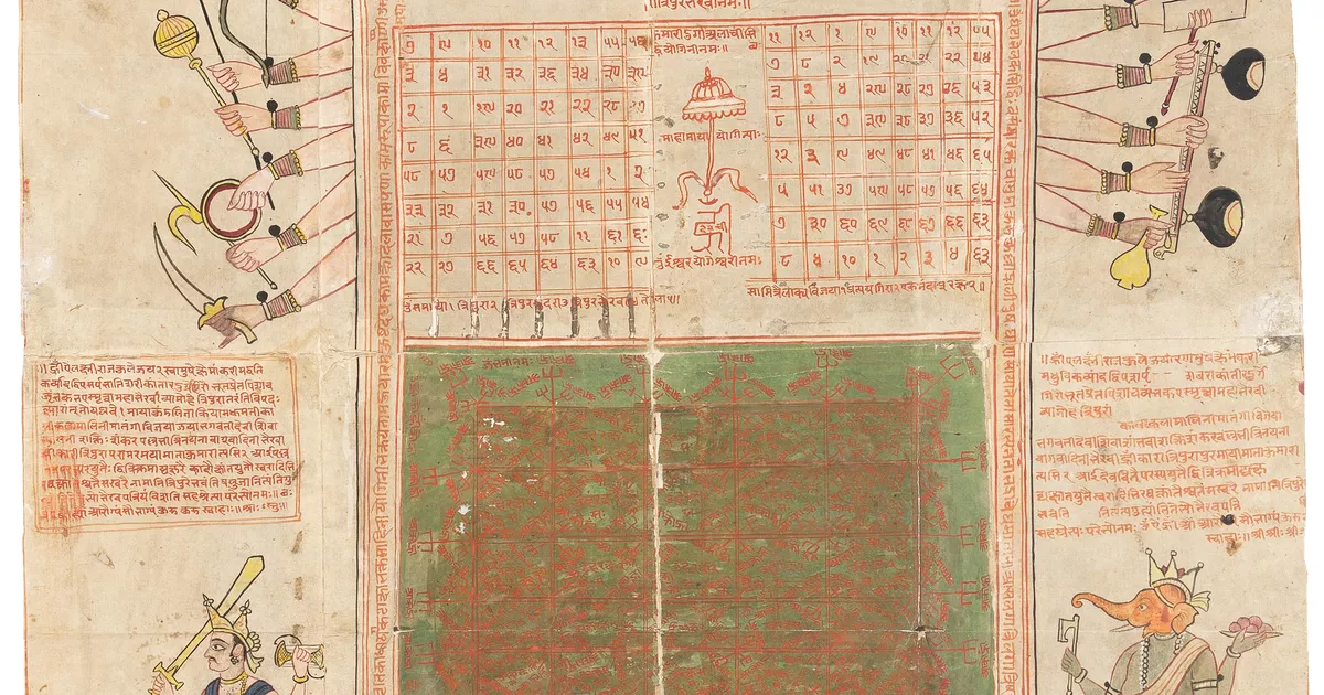 Talismanic drawing of Durga with magic square - AGSA Collection