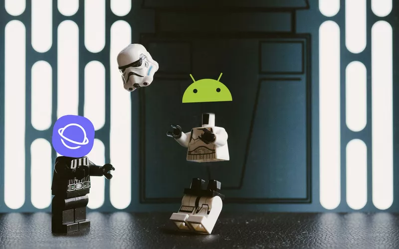 Two lego mini-figures: Darth Vader with the Samsung Internet Browser logo as a head, decapitating a Storm Trooper with the Android logo as a head