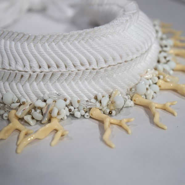 Grace Lillian Lee, White + Corals: double beaded weave, 2019, assorted cotton webbing, assorted beads in a variety of materials, 1330 x 120 x 70mm. Photo: Felicity Brading.