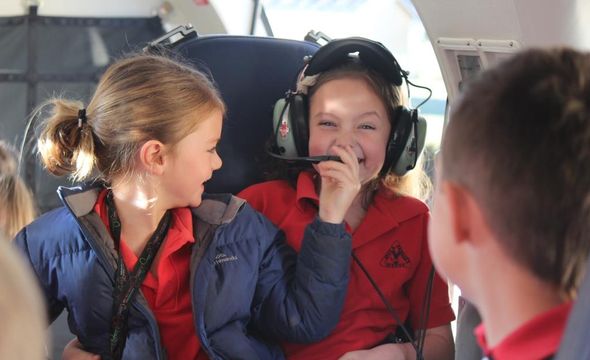 Lucy O'Connor and Bridget Marshall, Avoca Primary School enjoying the simulator experience