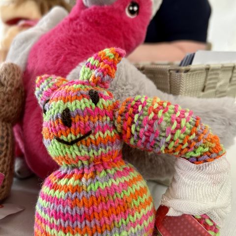 Knitted teddy Lulu from repeat visitor Missy
