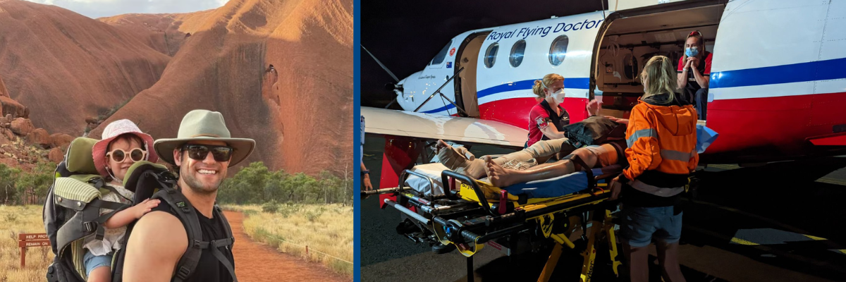 Eddie with his daughter Vienna | Eddie being flown by the RFDS 