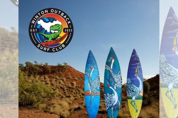 3 surfboards with paintings of birds are pictured standing up in the outback. The dirt is bright orange and sky a rich blue.