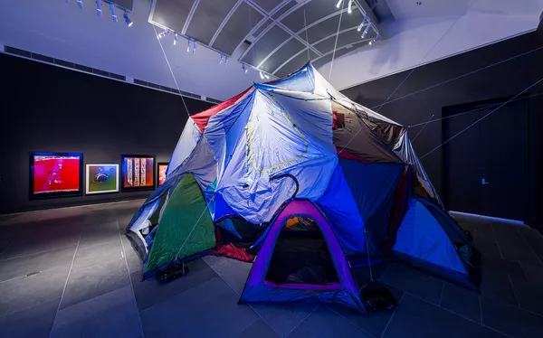 Installation view Ramsay Art Prize, Art Gallery of South Australia, 2017, featuring Keg de Souza, We Built this City and Justine Varga, Antidote, Cerebration, Abrasion, Ripe, Marking Time : photo: Saul Steed