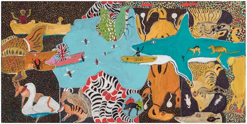 John Prince Siddon, Walmajarri people, Western Australia, born Derby, Western Australia 1964, Mix it all up, 2019, Fitzroy Crossing, Western Australia, synthetic polymer paint on canvas, 120.0 x 240.0 cm, Acquisition through Tarnanthi: Festival of Contemporary Aboriginal & Torres Strait Islander Art supported by BHP 2020 Art Gallery of South Australia, Adelaide © John Prince Siddon/Mangkaja Arts Resource Agency