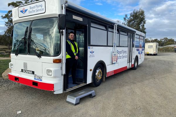 Physical health worker, Lachlan in the RFDS Tasmania health hub bus.