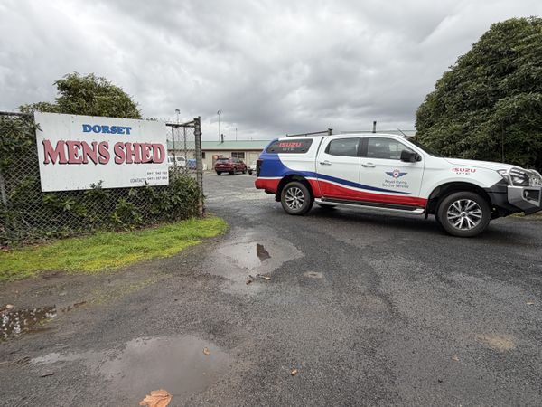 The RFDS Tasmania Isuzu UTE at the Dorset Men's Shed for Mens Health Week.