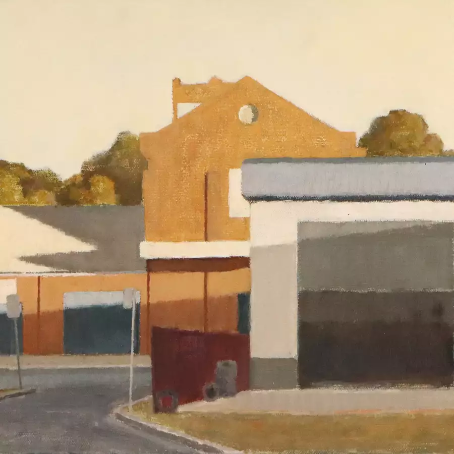 An oil painting of buildings from the viewpoint of a carpark