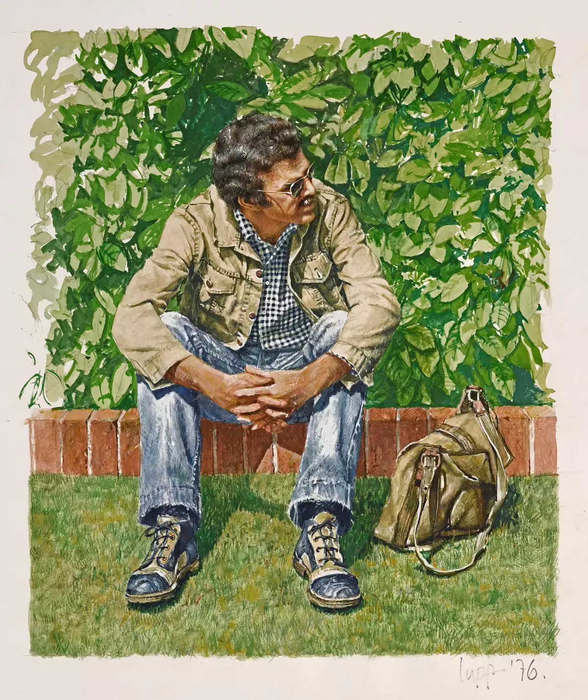 A painting of a man sitting in the sun on a brick garden edge