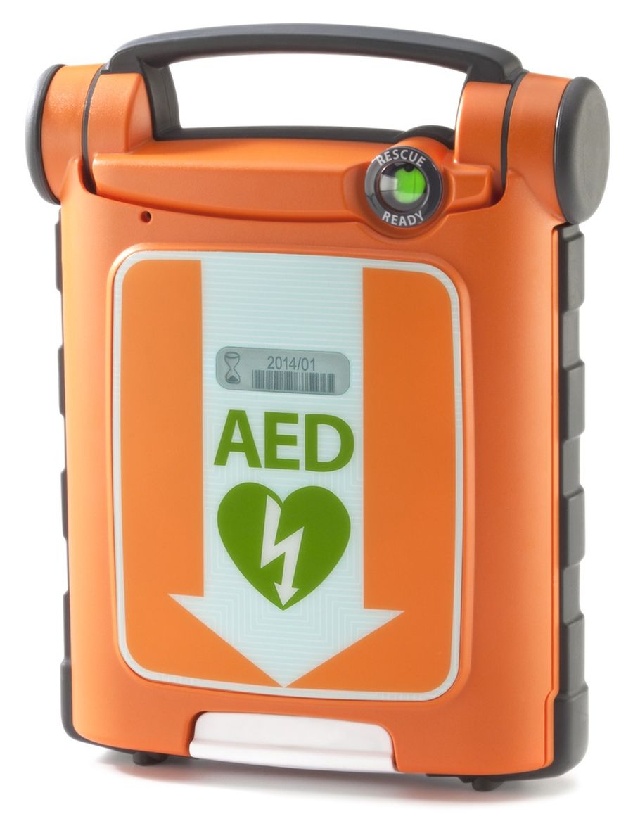 An orange Automatic External Debibrillator device. 