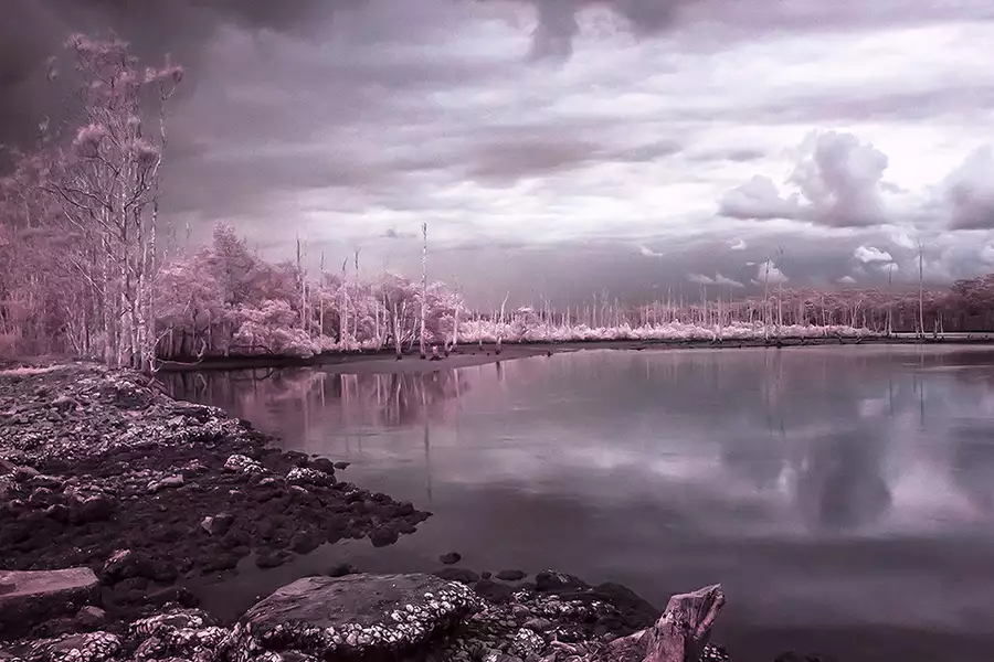 A landscape photograph in vivid pinks and purples of a lake with a stormy sky
