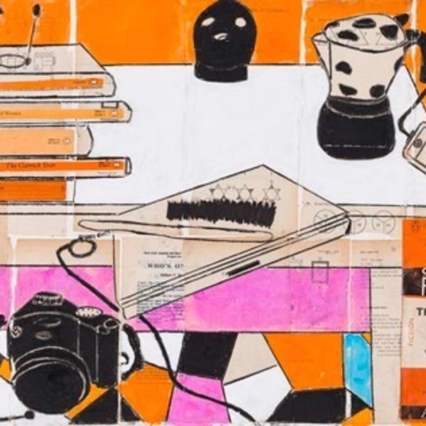 painted images in orange and black of a camera, book cover, coffee pot, glasses and table.