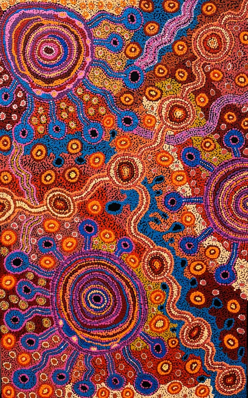 A vibrant First Nations made from polymer paint on canvas
