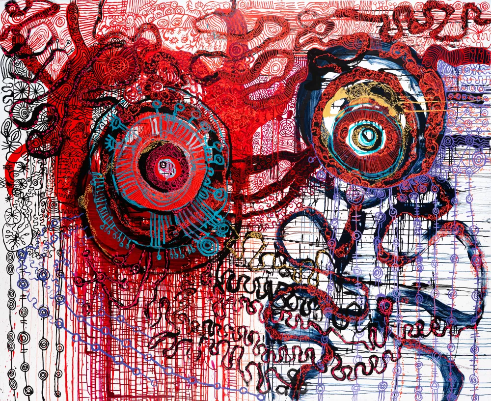 A First Nations painting made up of vibrant red and purple paints