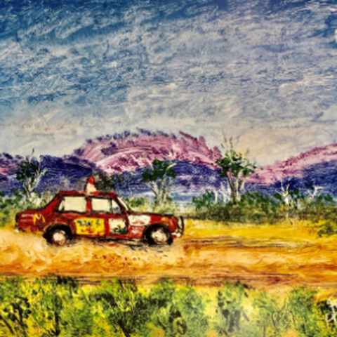 Pro Hart Signed Print - Red Outback Rally Car