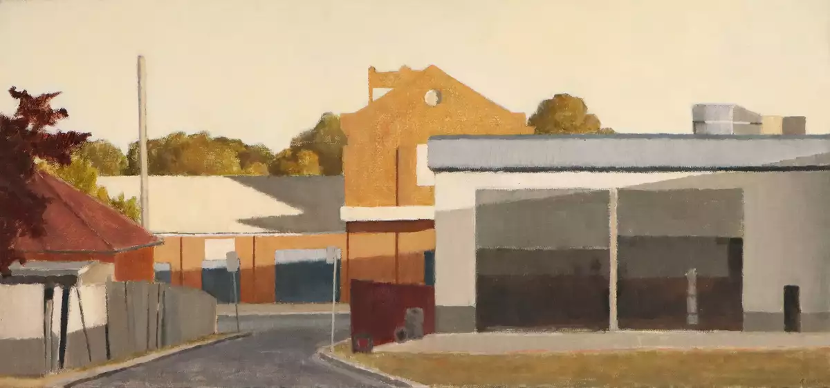 An oil painting of buildings from the viewpoint of a carpark