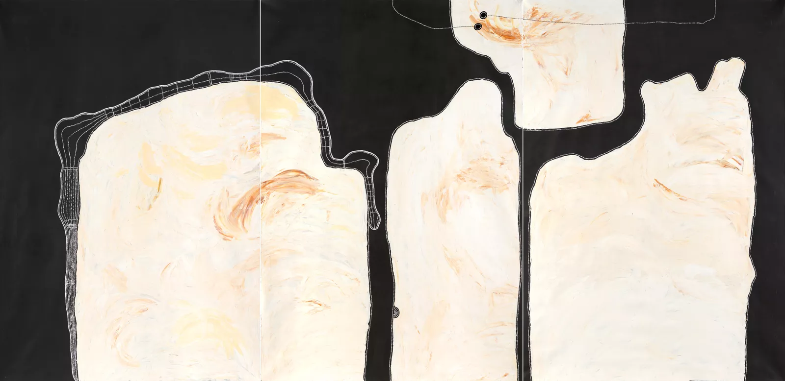 Timo Hogan, Pitjantjatjara people, Western Australia, born Kalgoorlie, Western Australia 1973, Lake Baker, 2021, Tjuntjuntjara, Western Australia, synthetic polymer paint on linen, three panels, 300.0 x 200.0 cm (each panel) © Timothy Hogan/Spinifex Arts Project