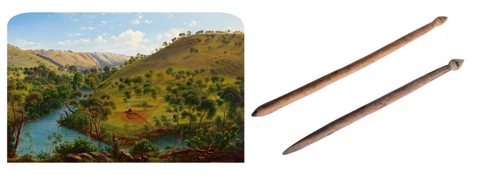 Eugene Von Guérard, Australia, 1811–1901, Early settlement of Thomas & William Lang. Salt Water River Port Phillip, N.S. Wales. March 1840, 1866–67, Melbourne, oil on canvas, 46.0 x 72.1 cm; M.J.M. Carter AO Collection through the Art Gallery of South Australia Foundation 2016. Donated through the Australian Government’s Cultural Gifts Program, 
Art Gallery of South Australia, Adelaide | Unknown south-east Aboriginal artists, top: Digging stick, 1800s, Western Victoria, wood, 67.5 x 3.8 x 4.0 cm, bottom: Digging stick, 1800s, Victoria, wood, 71.5 x 3.3 x 4.1 cm; Australian Museum Collection, Sydney