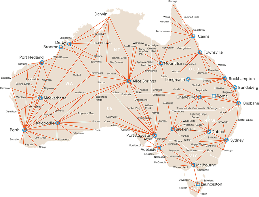 Map showing RFDS Flight Paths across Australia