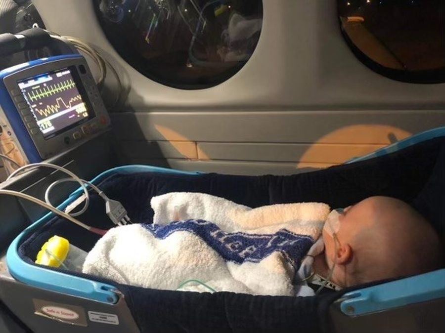 A baby is laying down in a crib being transported on an RFDS aircraft