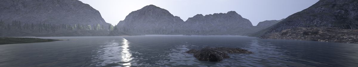 A computer generated image of a lake with mountains