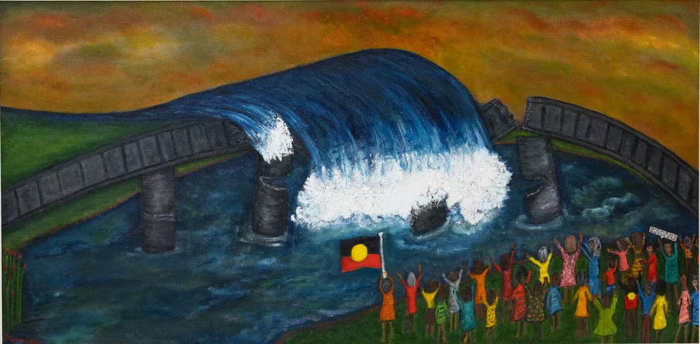 A First Nation's painting showing a wave crashing over a bridge with people on the shore