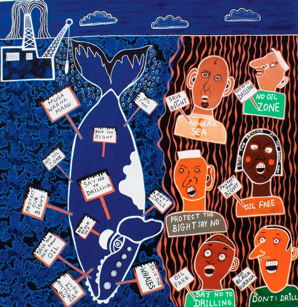 Christine Tschuna, Wirangu people, South Australia, born 1949, Koonibba, South Australia, Say No To Drilling At The Bight, 2019, synthetic polymer paint on canvas, 90.0 x 90.0 cm; © Christine Tschuna/Arts
Ceduna.
