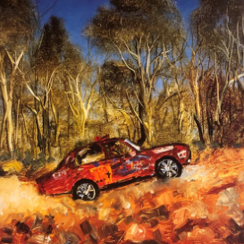 Pro Hart Signed Print - Red Outback Rally Car in Mud