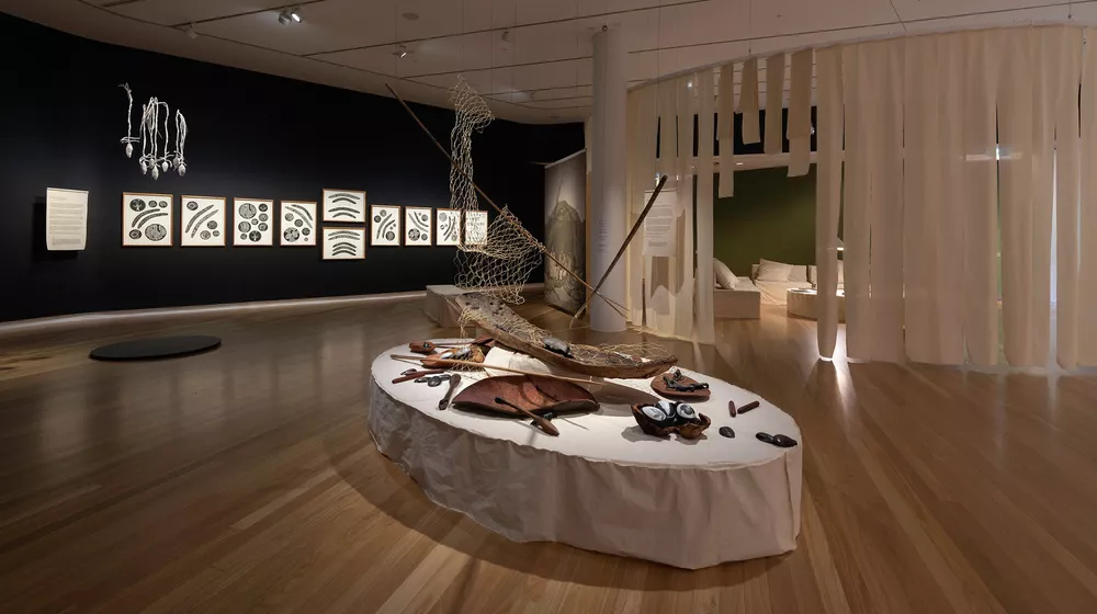 An installation shot of First Nations project "ngaratya (together, us group, all in it together)" at Bunjil Place Gallery