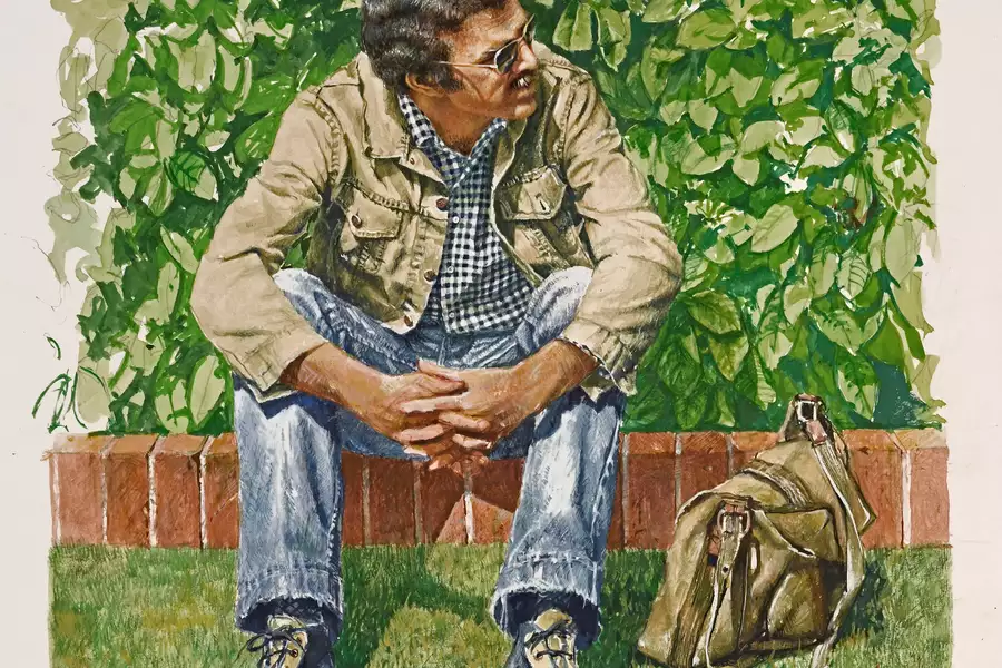 A painting of a man sitting in the sun on a brick garden edge