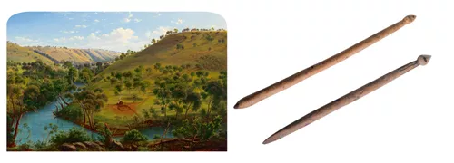 Eugene Von Guérard, Australia, 1811–1901, Early settlement of Thomas & William Lang. Salt Water River Port Phillip, N.S. Wales. March 1840, 1866–67, Melbourne, oil on canvas, 46.0 x 72.1 cm; M.J.M. Carter AO Collection through the Art Gallery of South Australia Foundation 2016. Donated through the Australian Government’s Cultural Gifts Program, 
Art Gallery of South Australia, Adelaide | Unknown south-east Aboriginal artists, top: Digging stick, 1800s, Western Victoria, wood, 67.5 x 3.8 x 4.0 cm, bottom: Digging stick, 1800s, Victoria, wood, 71.5 x 3.3 x 4.1 cm; Australian Museum Collection, Sydney