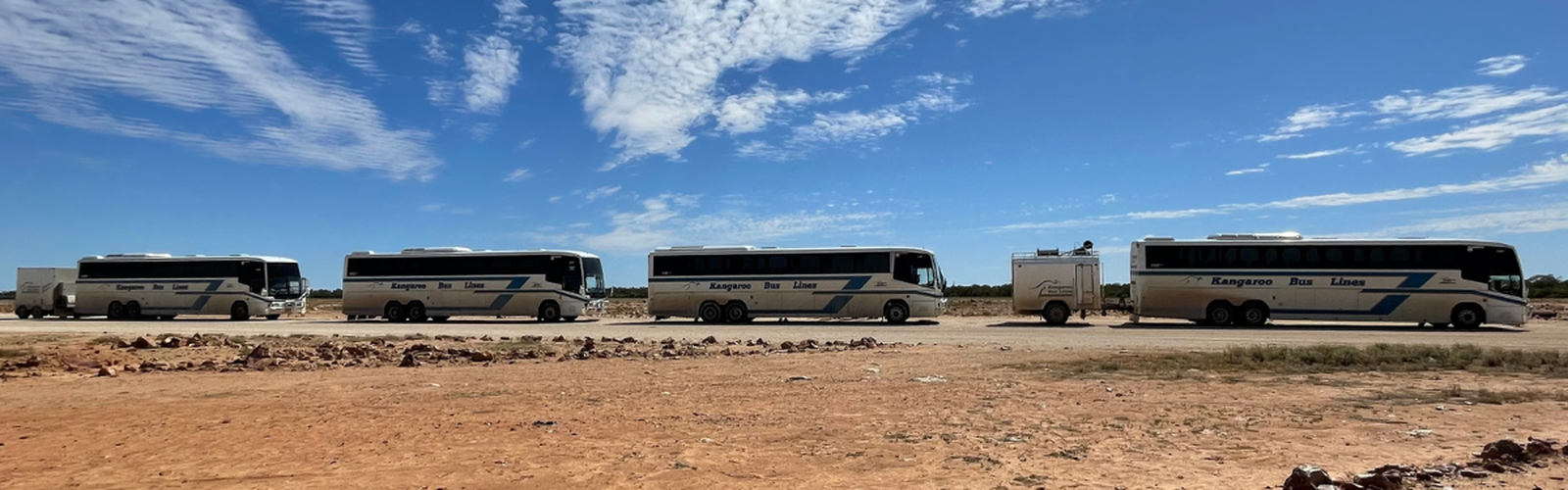 Four Kangaroo Bus Line busses covered in dust on a dirt road