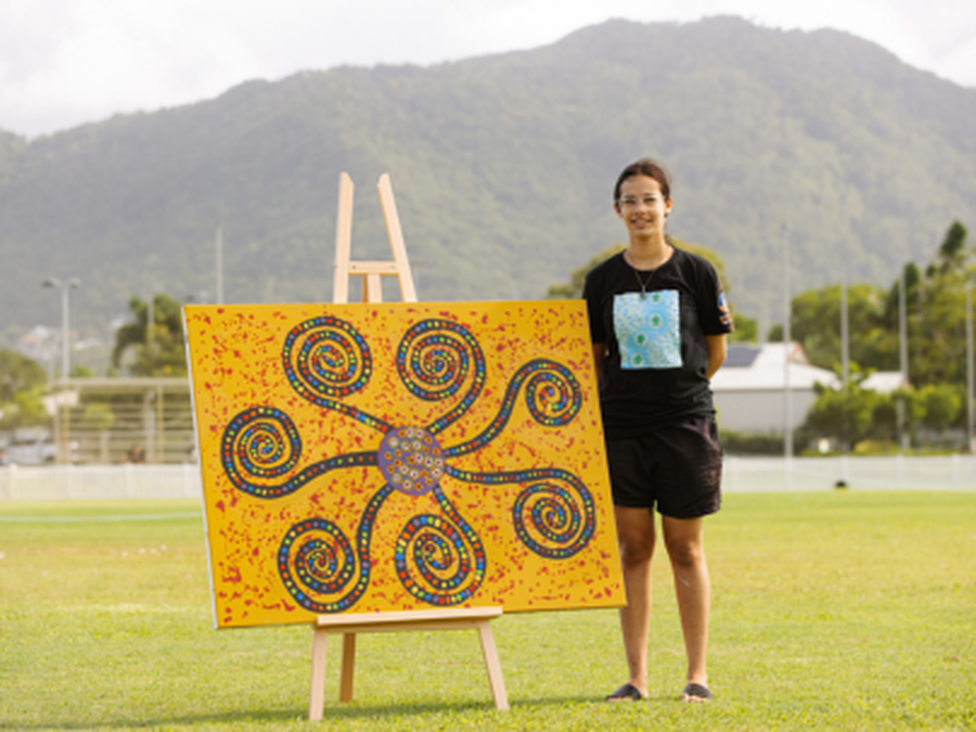 Artist with artwork