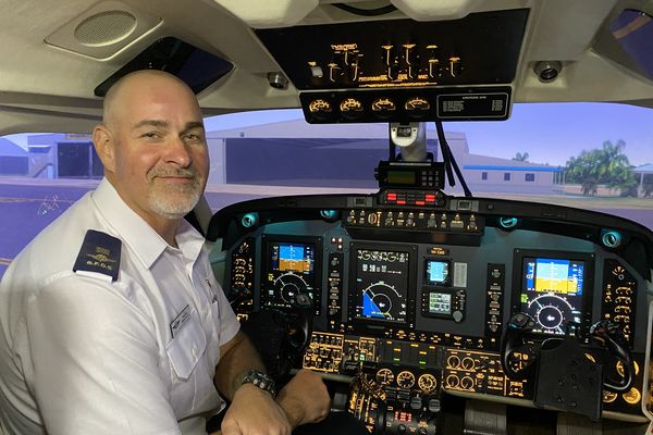RFDS (Queensland Section) Pilot Mick Porfiri in the flight simulator