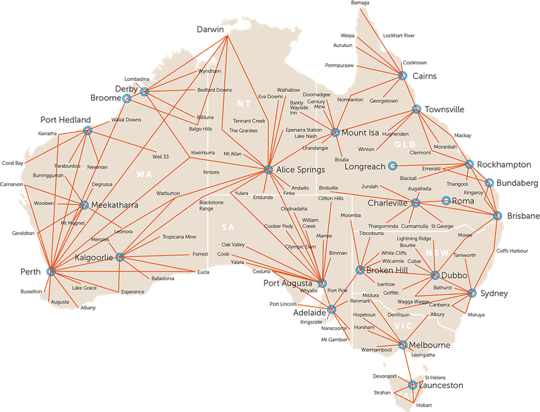 Map showing RFDS Flight Paths across Australia