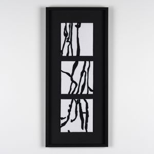 A 2D framed textile artwork, comprised of three square white panels with black ink-like markings, positioned vertically one on top of the another