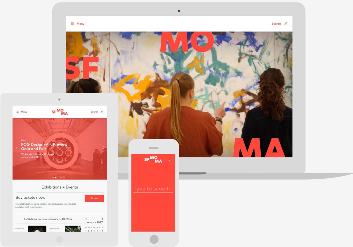 Screenshots of the San Francisco Museum of Modern Art website: Homepage on laptop view, event calendar on tablet, site search on mobile.