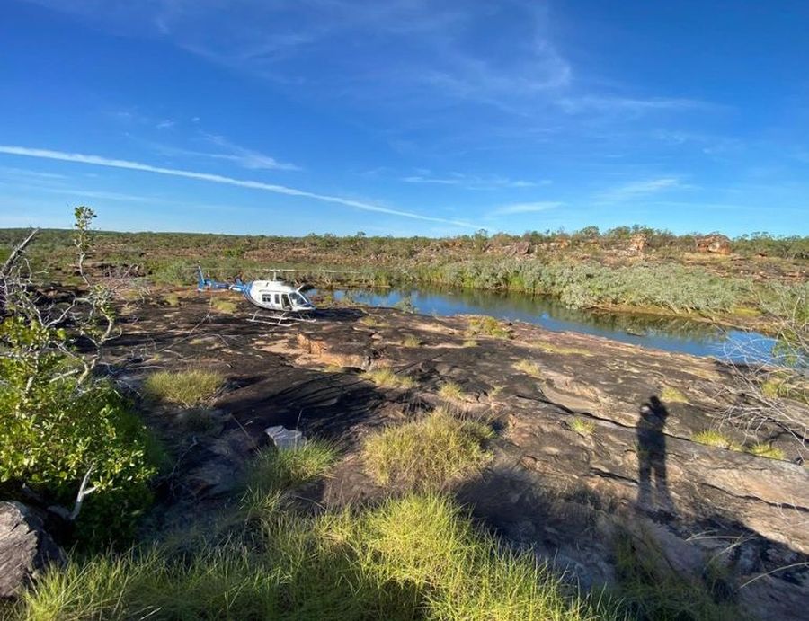 Helicopter perched on Mitchell Plateau