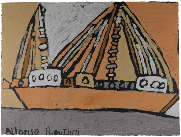Alfonso Puautjimi, Tiwi people, Northern Territory, born Darwin, Northern Territory 1969, Streeter Pearl Lugger, 2011, Wurrumiyanga (Nguiu), Bathurst Island, Northern Territory, earth pigments on paper, 57.0 x 76.5 cm © Alfonso Puautjimi/Ngaruwanajirri Inc.