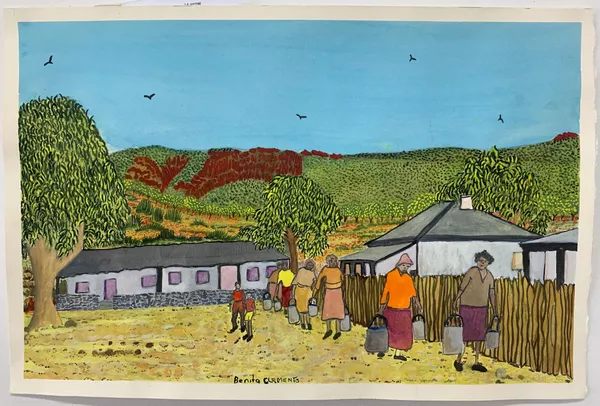 Benita Clements, Western Aranda people, Northern
Territory, born Ntaria (Hermannsburg), Northern Territory 1980, People collecting water after the pipeline was built, 2021, Mparntwe (Alice Springs), Northern Territory, watercolour on paper, 51.0 x 33.0 cm © Benita Clements/Iltja Ntjarra Many Hands Art Centre
