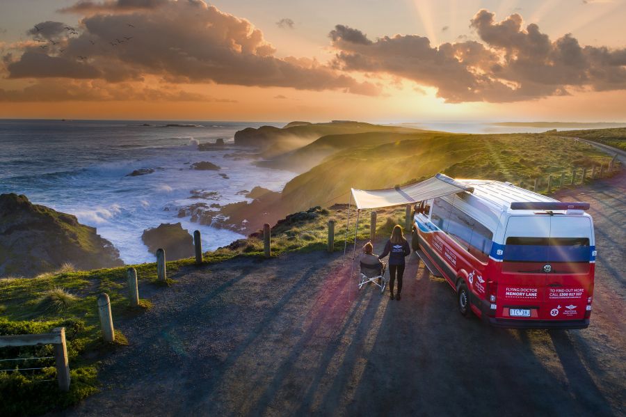 Flying Doctor Memory Lane patient visiting a beach on an end-of-life journey in regional Victoria