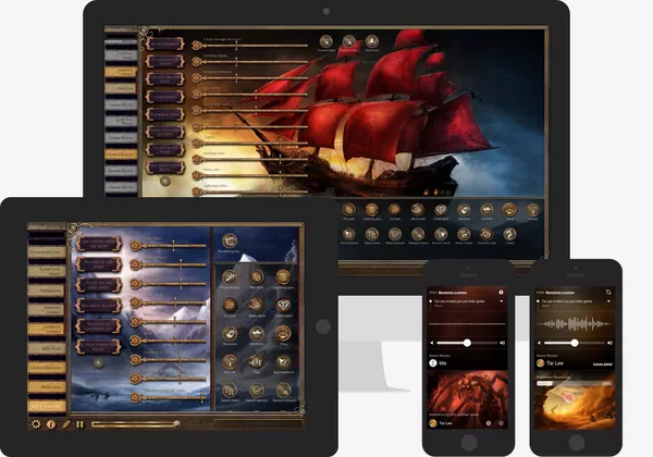Screenshots of the Syrinscape platform: Genre player on desktop and tablet view, Minion App on mobile.